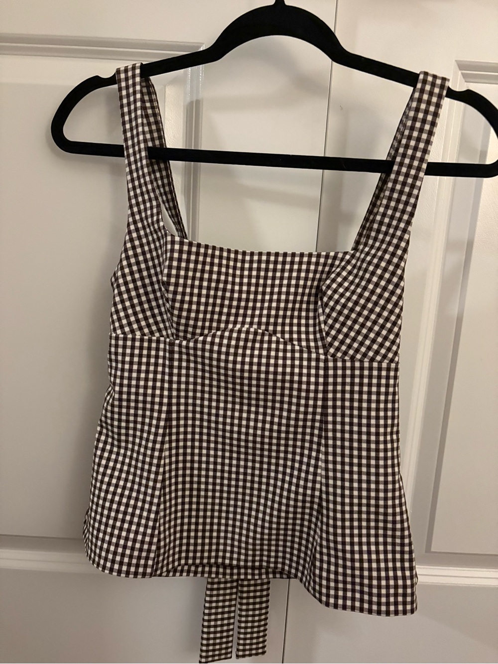 Zara Brown and White Gingham Square-Neck Top
